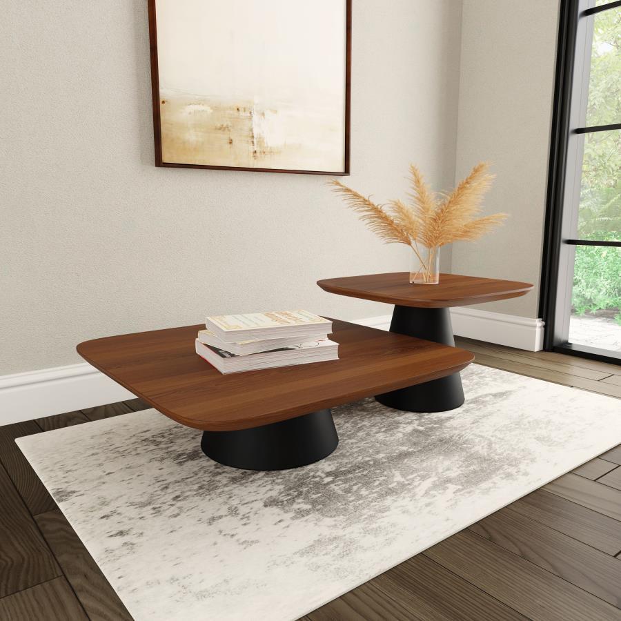 Refresh the style of your contemporary or vintage inspired living space with a set of two coffee tables. They pair perfectly, creating a waterfall effect with the smaller square table just a bit taller than the larger table. Each boasts a warm walnut fini
