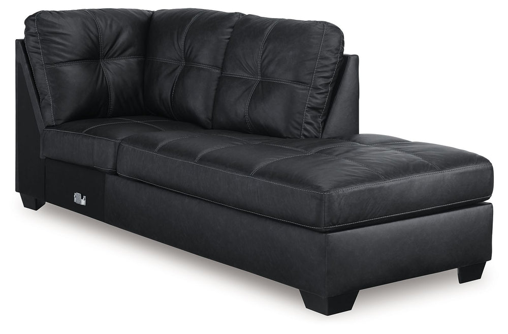 This right-arm facing corner chaise is made with faux leather upholstery. Pairs with other items in the series to make a sectional.<br><br><b>Additional Dimensions</b><br><ul><li>Seat depth: 73-"</li><li>Seat height: 20-"</li><li>Top of cushion to top of 