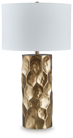 Make a bold metallic statement. Part functional lighting and part art form, this table lamp adds layers of dimension and visual interest to your space. A goldtone finish ups the glam appeal to complete the luxe take on contemporary design.<br><br><b>Addit
