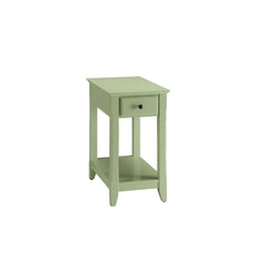 With transitional styling and skinny footprint, this Bertie side table collection does not take away from living space while still offering open storage as well as a drawer. Offered in four colors white, light green, walnut, and gray. One of them is sure 