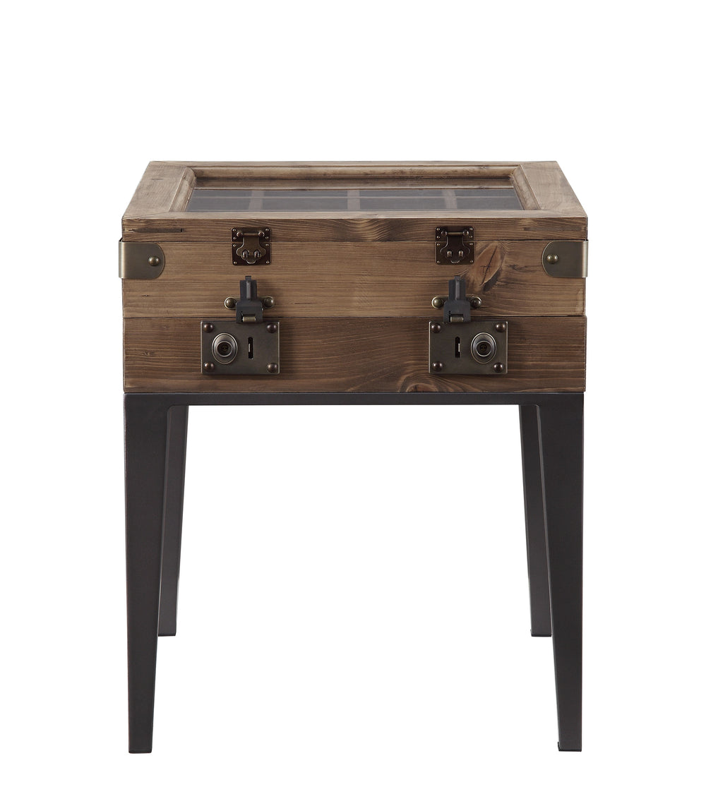 The Kolin side table doubles as a display case for your treasures. This square accent table features a wooden top with trunk style metal clasps, and is embedded with clear glass to reveal open storage compartments inside. Sleek metal tapered legs in a dar