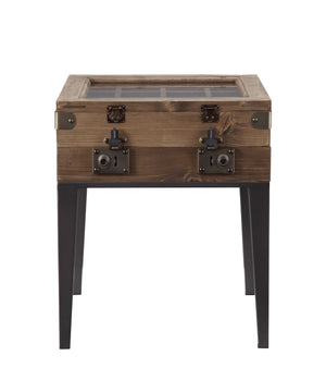 and is embedded with clear glass to reveal open storage compartments inside. Sleek metal tapered legs in a dar