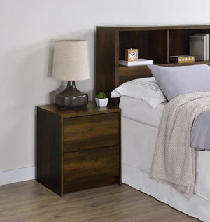  featuring a wood-inspired finish. It includes two spacious drawers for ample storage and an integrated dual USB charging outlet with USB-A and USB-C ports for fast and convenient device charging. A m