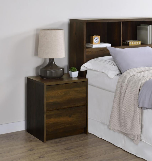  featuring a wood-inspired finish. It includes two spacious drawers for ample storage and an integrated dual USB charging outlet with USB-A and USB-C ports for fast and convenient device charging. A m