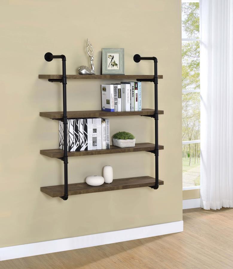Industrial design can be elegant, as shown by this wall shelf. Plumbing pipe frame highlights the rugged utility that-'s the hallmark of the style. Wall hanging adds a unique element to the piece. Incorporates four (4) open shelves for ease of storage or 