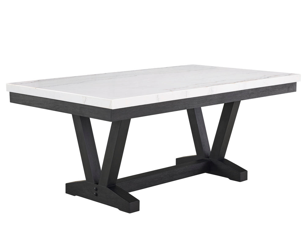 A fresh take on a traditional silhouette makes this group a great addition to your dining space. A genuine marble top is luxurious and timeless. The trestle base is updated in a contemporary charcoal finish. The upholstered dining chairs feature gently sl