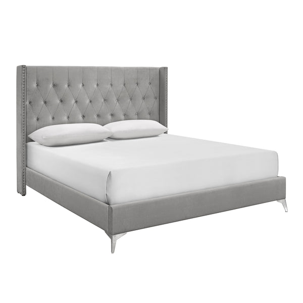 The Huxley Upholstered Bed in Gray combines contemporary glam with durable construction for a stylish and comfortable bedroom centerpiece. This set includes a headboard, footboard, two side rails, and a slat kit, all crafted from manufactured woods and ec