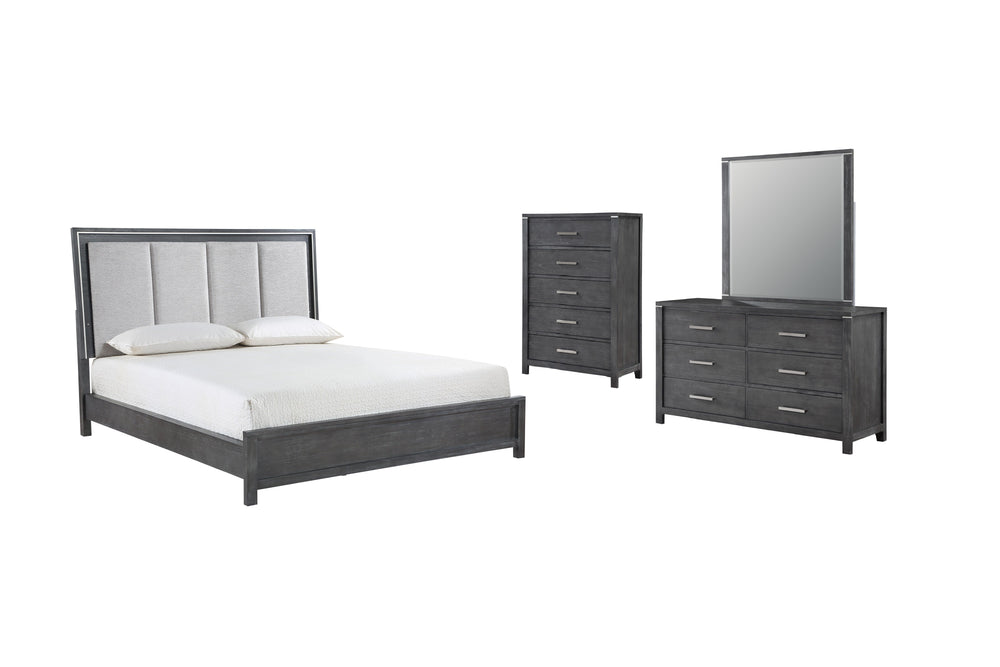 Transform your bedroom into a sanctuary of sophistication with the Odessa 4-Piece Bedroom Set in Charcoal Gray. This comprehensive set includes a lighted bed, 6-drawer dresser, mirror, and 5-drawer chest. Crafted from durable Pine solid wood and Mindy ven