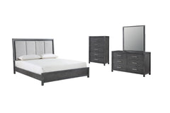 Transform your bedroom into a sanctuary of sophistication with the Odessa 4-Piece Bedroom Set in Charcoal Gray. This comprehensive set includes a lighted bed, 6-drawer dresser, mirror, and 5-drawer chest. Crafted from durable Pine solid wood and Mindy ven