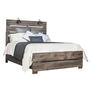 The Misty Lodge Bed in Greige offers a stylish fusion of modern industrial elements and rustic charm. Crafted with durability and eco-friendliness in mind, it combines manufactured woods and environmentally conscious decorative laminate for a high-quality