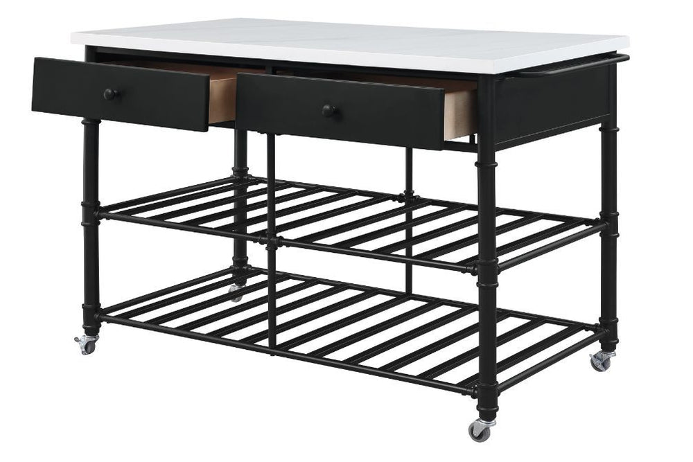Give off a light and airy feel to a compact cooking space. The Emery Kitchen Island features a artificial stone top paired with two metal slatted shelves, creating a sleek, timeless silhouette that bring your kitchen an open feel. Two storage drawers and 