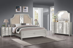 Discover the Reflection 5 Piece Bedroom Set in Silver, featuring a captivating bed, dresser, mirror, and two nightstands. Crafted with solid Pine and manufactured wood, this collection ensures enduring strength and durability. The glamorous matte silver f