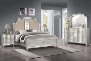 Discover the Reflection 5 Piece Bedroom Set in Silver, featuring a captivating bed, dresser, mirror, and two nightstands. Crafted with solid Pine and manufactured wood, this collection ensures enduring strength and durability. The glamorous matte silver f