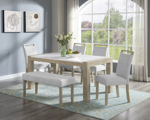 This dining set offers a clean, modern look with its sleek lines and neutral tones. The sturdy table with a genuine marble top is both stylish and timeless, paired with comfortable chairs and a matching bench that provide ample seating for family and frie