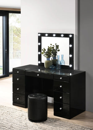 Step into a world of glamour with this sleek and chic vanity set, a perfect fusion of functionality and fashion. Its glossy black finish and clean lines are complemented by the sparkle of crystal-like knobs, adding a touch of sophistication to your person