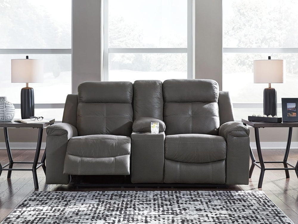 Rustic character comes forth in this reclining loveseat with console. Designer stitching adds a fashion-forward touch to its soft cushions. Faux suede fabric speaks to your knack for superior-quality materials. The loveseatâ€™s high back provides ample su
