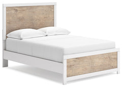 Relaxed yet striking, this full panel bed brings casual beauty and function to your dream destination. A delightful two-tone treatment blends a fresh, replicated oak grain with a matte white finish that-'s easy to love. Its simplicity lends a contemporary