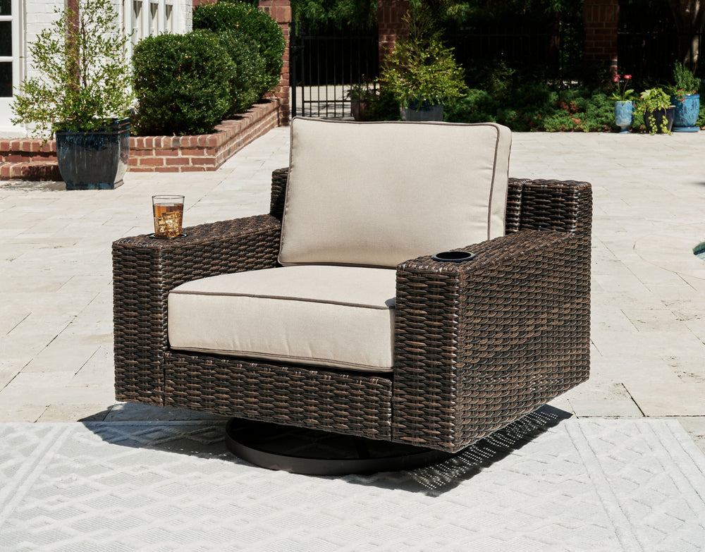 Who says the great outdoors isnâ€™t made for luxury living? This swivel lounge chair offers all the high-end design, plush cushioned comfort and durability you could ask for, and then some. Its all-weather, rust-proof aluminum frame provides the easy-bree