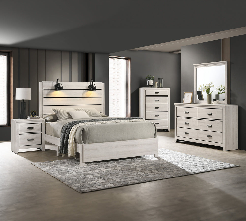This bedroom set marries rustic appeal with contemporary lines, offering a cozy yet refined aesthetic to any modern home. The set features a generously sized bed with a broad, planked headboard with integrated sconces, creating an inviting ambiance. Flank
