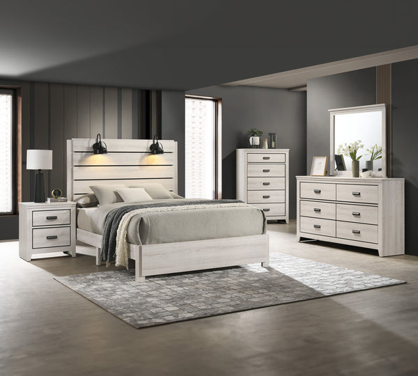 This bedroom set marries rustic appeal with contemporary lines, offering a cozy yet refined aesthetic to any modern home. The set features a generously sized bed with a broad, planked headboard with integrated sconces, creating an inviting ambiance. Flank