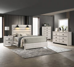 This bedroom set marries rustic appeal with contemporary lines, offering a cozy yet refined aesthetic to any modern home. The set features a generously sized bed with a broad, planked headboard with integrated sconces, creating an inviting ambiance. Flank