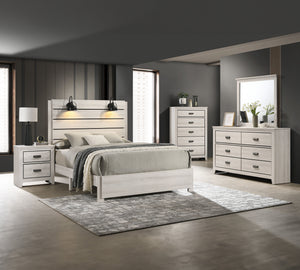 This bedroom set marries rustic appeal with contemporary lines, offering a cozy yet refined aesthetic to any modern home. The set features a generously sized bed with a broad, planked headboard with integrated sconces, creating an inviting ambiance. Flank