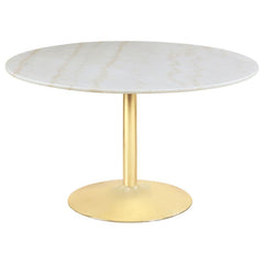 Add timeless sophistication to your dining space with this round dining table, featuring a luxurious white marble top and a radiant brass-finished pedestal base. The minimalist silhouette showcases modern elegance, while the subtle veining in the marble a