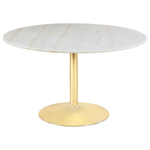 Add timeless sophistication to your dining space with this round dining table, featuring a luxurious white marble top and a radiant brass-finished pedestal base. The minimalist silhouette showcases modern elegance, while the subtle veining in the marble a