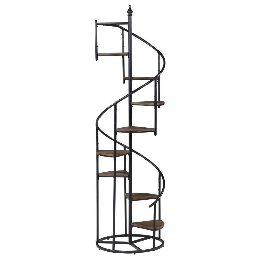 A unique black bookcase in a spiral design is sure to make your heart sing. Eight open shelves cascade down the frame of this rustic and industrial piece. The frame is crafted from metal with a black finish. The triangular shelves are finished in a warm w