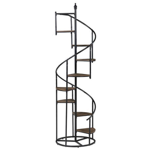 A unique black bookcase in a spiral design is sure to make your heart sing. Eight open shelves cascade down the frame of this rustic and industrial piece. The frame is crafted from metal with a black finish. The triangular shelves are finished in a warm w