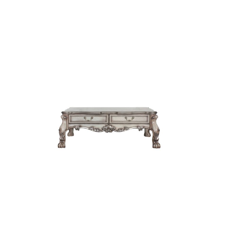 Who said traditional has to be boring, this Dresden coffee table is anything but that. With impeccable details such as a scalloped table top, beautiful raised floral motifs, a vintage hand-brushed finish, and oversized claw legs. No detail was left unnoti
