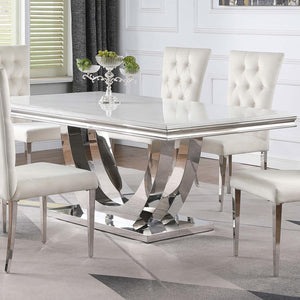  modern glam dining table for an elevated dining experience. Designed with an open demilune pedestal base in a lustrous polished chrome finish