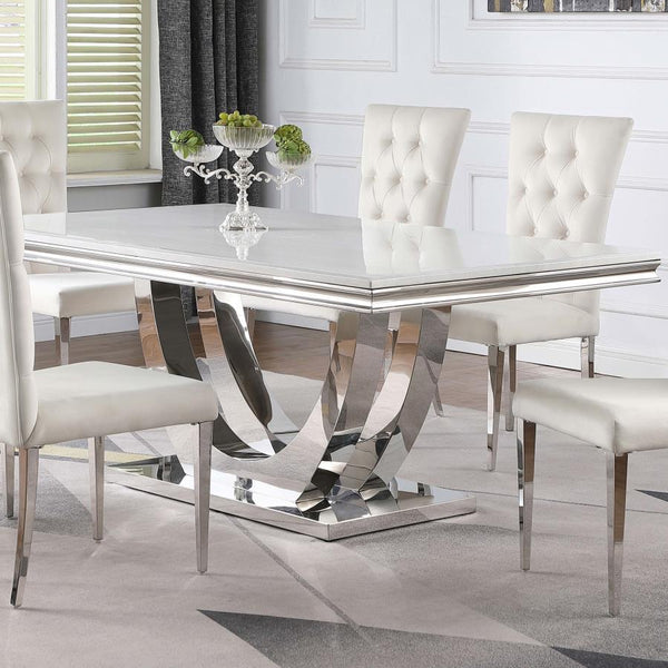  modern glam dining table for an elevated dining experience. Designed with an open demilune pedestal base in a lustrous polished chrome finish