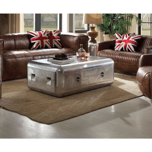 The Brancaster coffee table is the perfect statement piece and goes well with leather upholstery. This rectangular trunk designed aluminum coffee table is designed with a mid-20th century aircraft in mind and features rounded corners, one Felt-Lined drawe