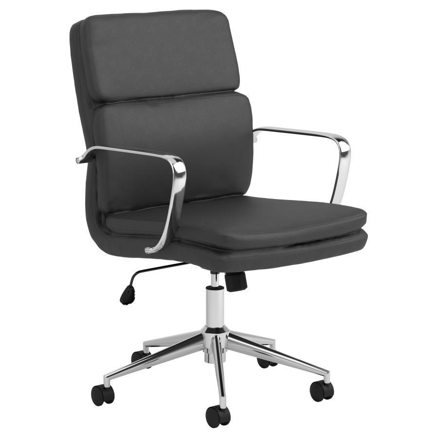 Work in modern comfort and style with this office chair. The sleek styling of the metal frame and arms displays a shiny chrome finish. This cushioned chair features a contoured mid-back design for excellent comfort in a lower profile silhouette. Your new 