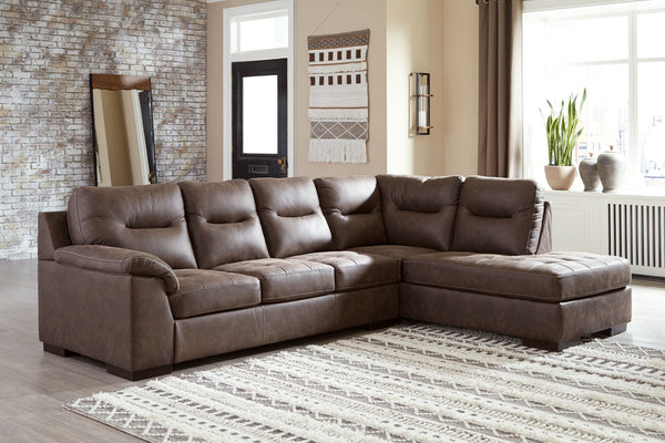 If you love the idea of a luxe look that won-'t break the bank, make yourself comfortable with this alluring walnut brown sectional. Designed to look like the real thing, it-'s wrapped in a practical faux leather loaded with natural tonal variation and a 