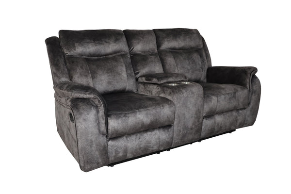 The Park City Dual Recliner Console Loveseat in Gray offers a perfect blend of durability, comfort, and convenience. Built with a sturdy frame of premium hardwoods and plywood, this loveseat ensures lasting stability and support. The cushions, made with r