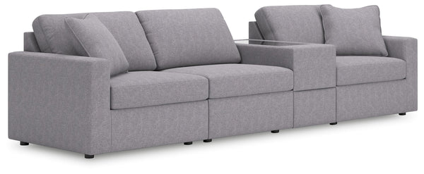 Looking cool and contemporary is great. But when it comes down to it, youâ€™re all about low-maintenance lounging. With the performance fabric on this sectional with console, cleaning spills is a breeze. Its customizable modular design caters to your ever
