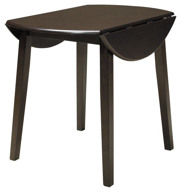 You might be short on space, but you can still longÂ for style. If contemporary tantalizes your taste buds, savor the beauty of this sleek drop leaf dining table. Dark and dramatic, it packs plenty of appeal into a compact design.<br><br><b>Additional Dim