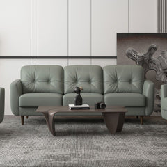 Combining the stunning visual effect of art with lines and comfort, the Radwan sofa set is one youâ€™ll want to spend lots of time in. This beautiful caramel or pesto green leather sofa features button tufted cushions with contrast tone stitching and uniq