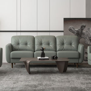 Combining the stunning visual effect of art with lines and comfort, the Radwan sofa set is one youâ€™ll want to spend lots of time in. This beautiful caramel or pesto green leather sofa features button tufted cushions with contrast tone stitching and uniq