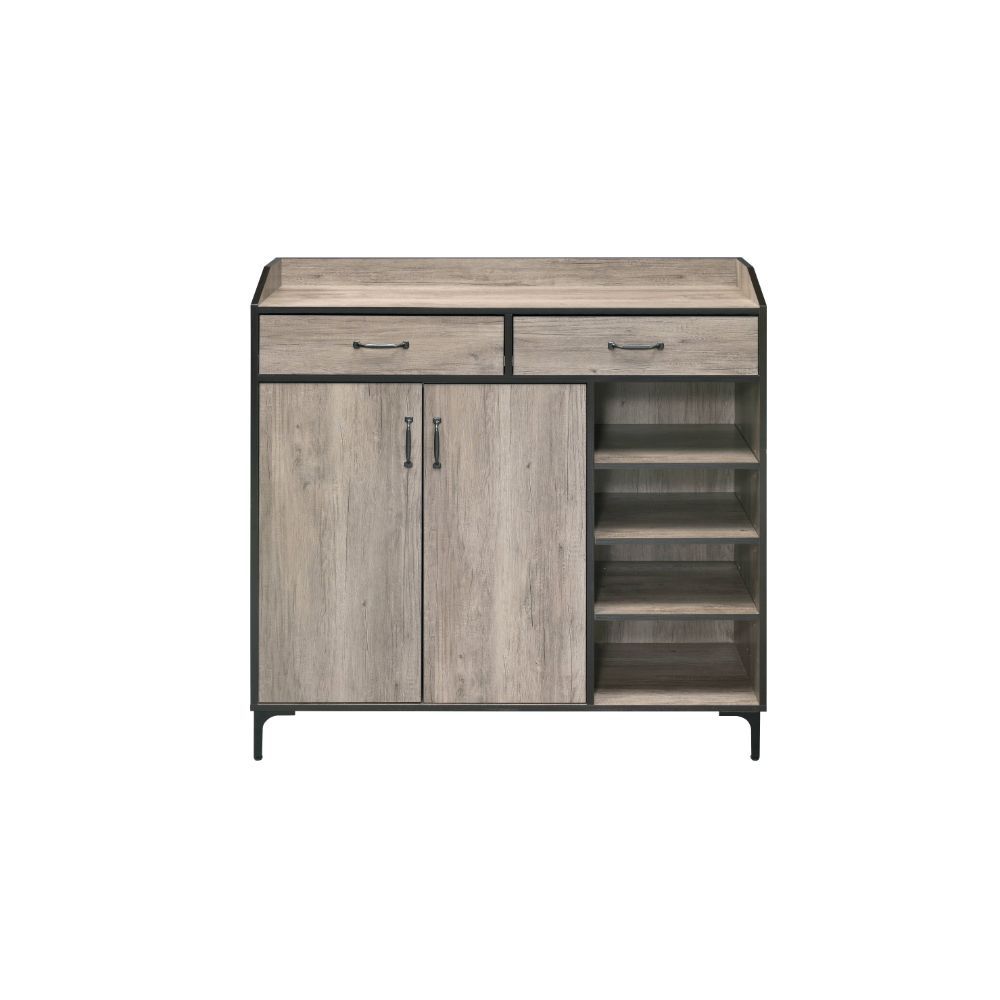 Rectangular Cabinet â€¢ Storage: 2 Drw, LF Doors (Inside 4 Compartments, 3 Wooden Shelves, Adj), RF 4 Open Compartment (3 Wooden Shelves, Adj) â€¢ Wooden Case: Rustic Finish with Contrast Trim, Top with Back & Side Panels â€¢ Metal Bracket Leg<br/><br/><b