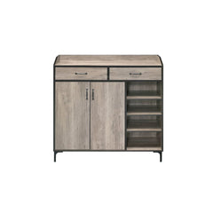 Rectangular Cabinet â€¢ Storage: 2 Drw, LF Doors (Inside 4 Compartments, 3 Wooden Shelves, Adj), RF 4 Open Compartment (3 Wooden Shelves, Adj) â€¢ Wooden Case: Rustic Finish with Contrast Trim, Top with Back & Side Panels â€¢ Metal Bracket Leg<br/><br/><b