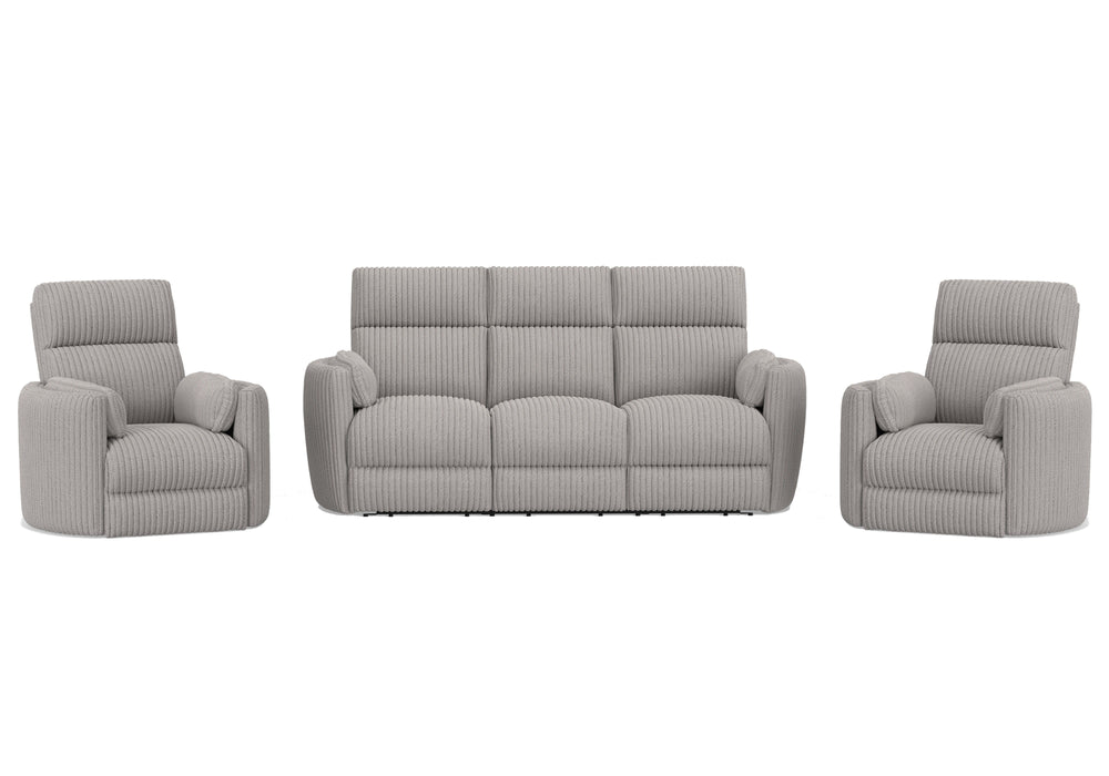 Perfect for relaxing at the end of a long day, this Power Sofa, Loveseat, and Glider-Recliner set features smooth power reclining for ultimate comfort.<br/><br/><b>Product Features</b><ul><li>Frame and wrapped in 100% polyester fabric</li><li>Curved arms<