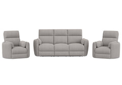 Perfect for relaxing at the end of a long day, this Power Sofa, Loveseat, and Glider-Recliner set features smooth power reclining for ultimate comfort.<br/><br/><b>Product Features</b><ul><li>Frame and wrapped in 100% polyester fabric</li><li>Curved arms<