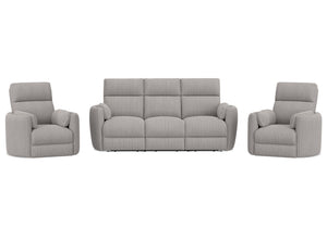 Perfect for relaxing at the end of a long day, this Power Sofa, Loveseat, and Glider-Recliner set features smooth power reclining for ultimate comfort.<br/><br/><b>Product Features</b><ul><li>Frame and wrapped in 100% polyester fabric</li><li>Curved arms<