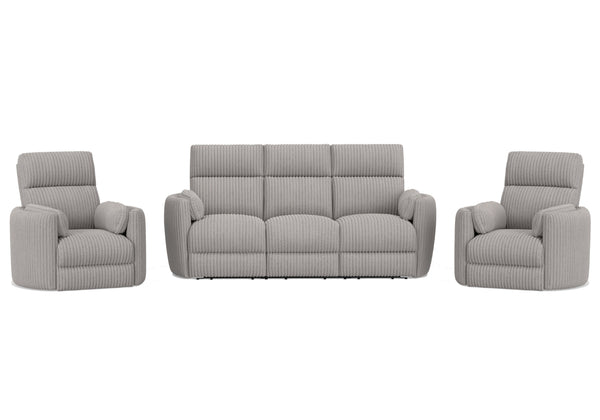 Perfect for relaxing at the end of a long day, this Power Sofa, Loveseat, and Glider-Recliner set features smooth power reclining for ultimate comfort.<br/><br/><b>Product Features</b><ul><li>Frame and wrapped in 100% polyester fabric</li><li>Curved arms<