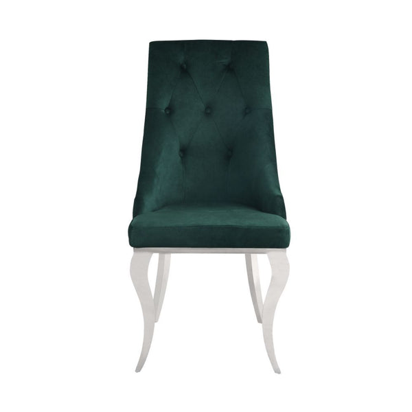 Dining Chair (High Back) Stationary Seat: Standard Dining Height Padded SEAT & BACK: Fabric () Stainless Steel Apron Seat Padded Backrest (Inside Button Tufted, Outside Ring) [sc] Stainless Steel Cabriole Leg Sloped Low Armrest: Padded<br/><br/><b>Product