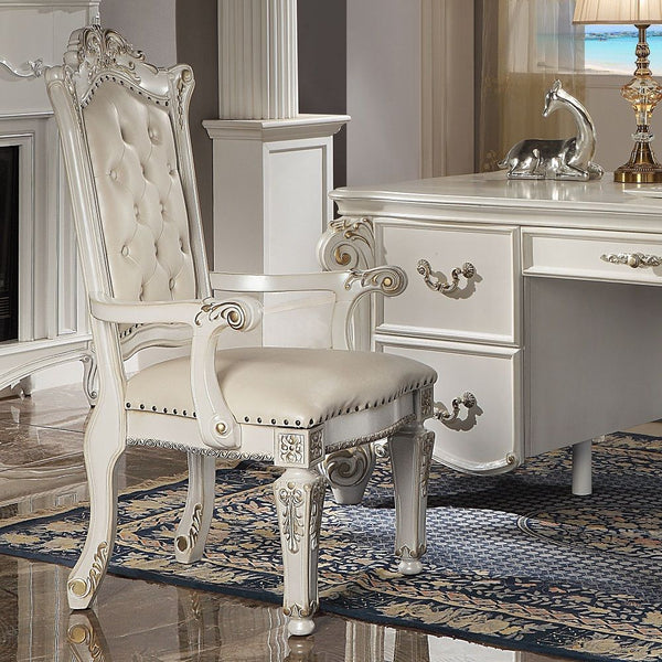 KD, Oversized Executive Arm Chair Button Tufted Backrest (Inside) Nailhead Trim Padded Seat & Back: PU Cushion Wooden Leg & Backrest Trim: with Scrolled and Floral Moldings with Gold Brush Accent Finish (Stationary without Swivel) Chair will not fit compl