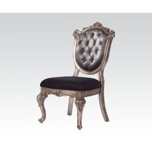 KD, Padded SEAT Cushion: Black Fabric BACK Trim: Top w/Scrolled Details & Crown, BACK Cushion: Silver Gray Silk-Like Fabric w/Button Tufted (Inside Back: Tufted / Outside Back: Plain) Wooden Frame, Leg: Queen Anne Style<br/><br/><b>Product Features</b><ul